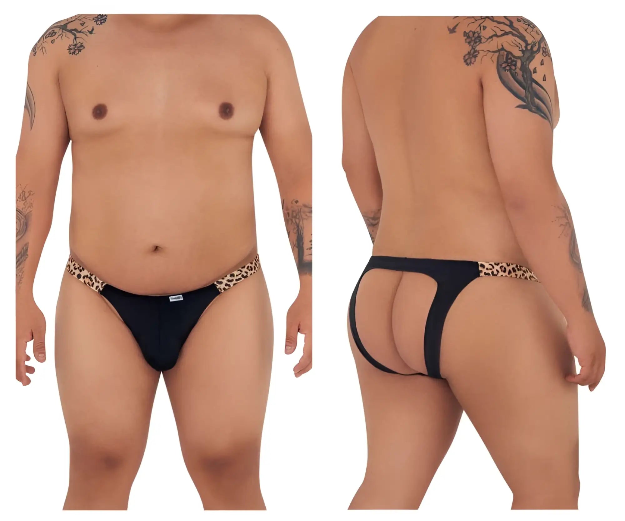 Black candyMan 99536X bikini jockstrap with leopard-print trim showing front design and animal print details