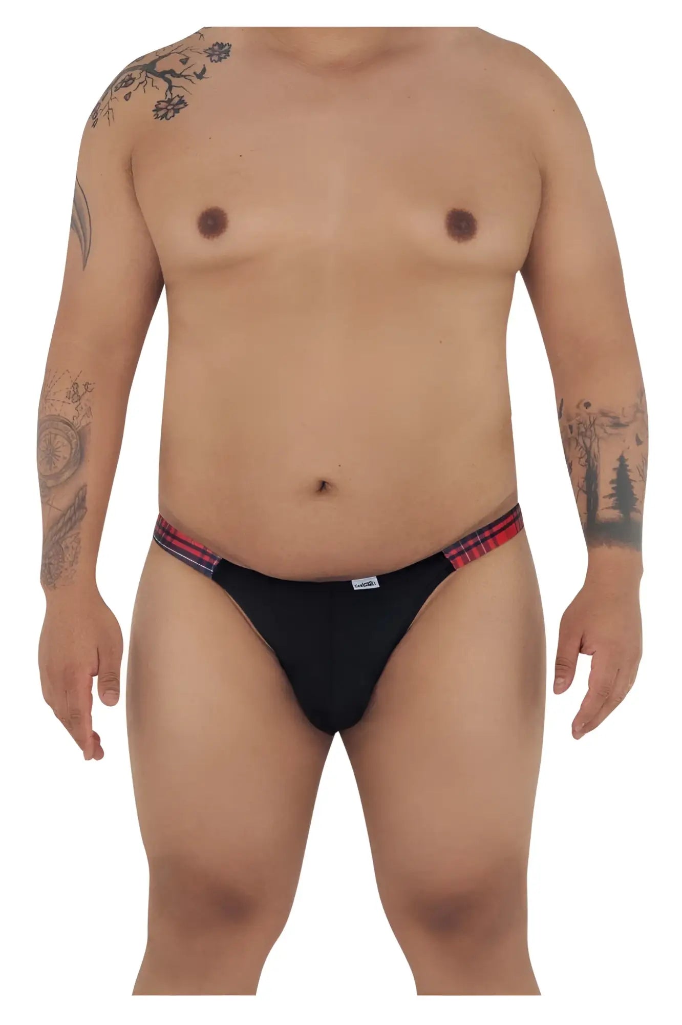 Black candyMan 99536X bikini jockstrap briefs with red and blue plaid waistband for comfortable support