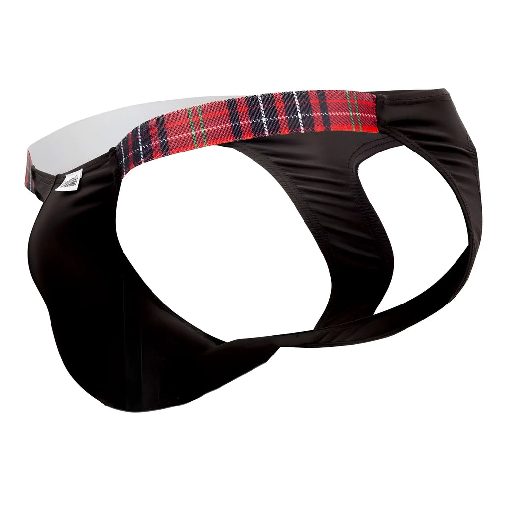 CandyMan 99536X bikini jockstrap in black with a red, black, and white plaid waistband visible from the front