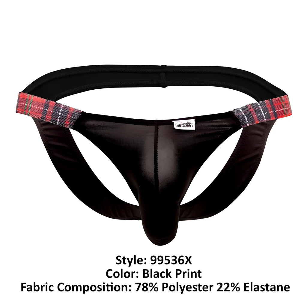 Black satin-like brief with red black and gray plaid waistband trim candyMan 99536X bikini jockstrap color black print