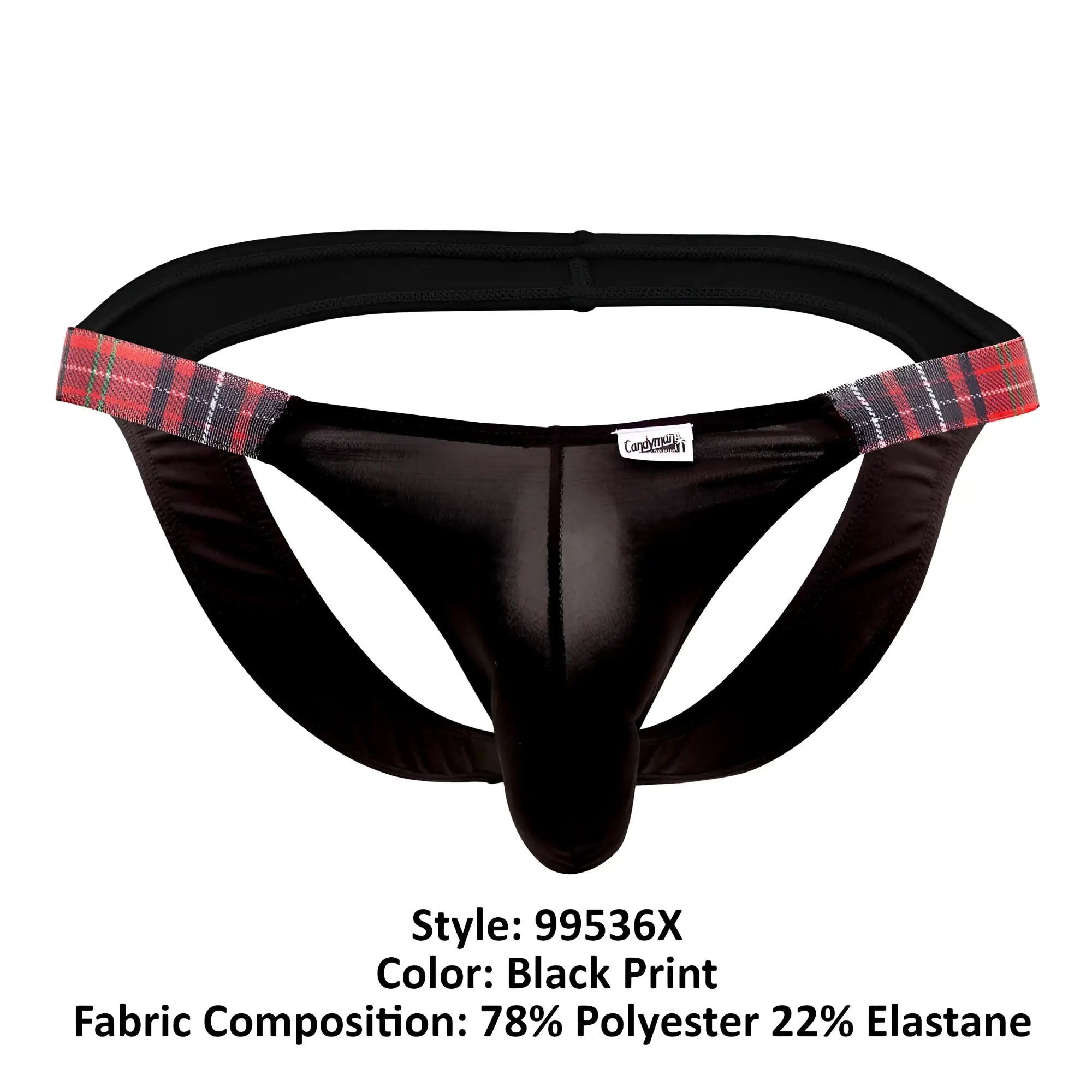 Black satin-like brief with red black and gray plaid waistband trim candyMan 99536X bikini jockstrap color black print