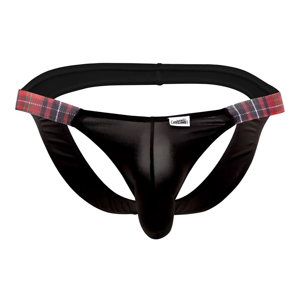 Black satin-like thong bikini jockstrap with red black and white plaid trim on waistband candyMan 99536X