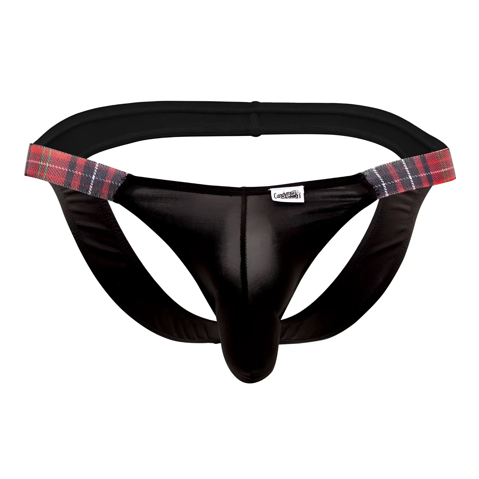 Black satin-like thong bikini jockstrap with red black and white plaid trim on waistband candyMan 99536X