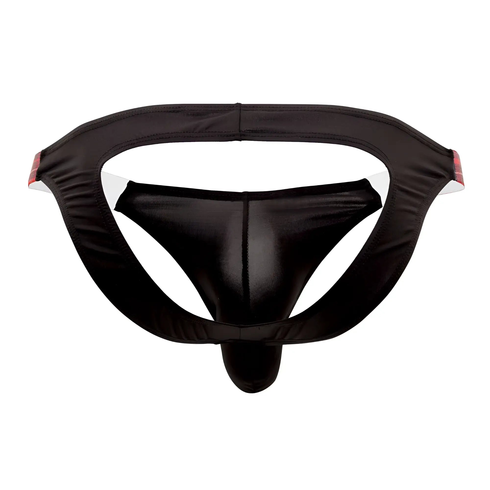 Black shiny satin CandyMan 99536X bikini jockstrap briefs with supportive waistband and subtle red side trim