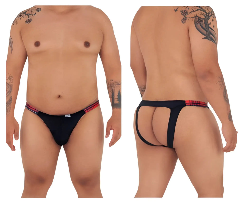 Black CandyMan 99536X bikini jockstrap with red and black plaid trim waistband showing front view