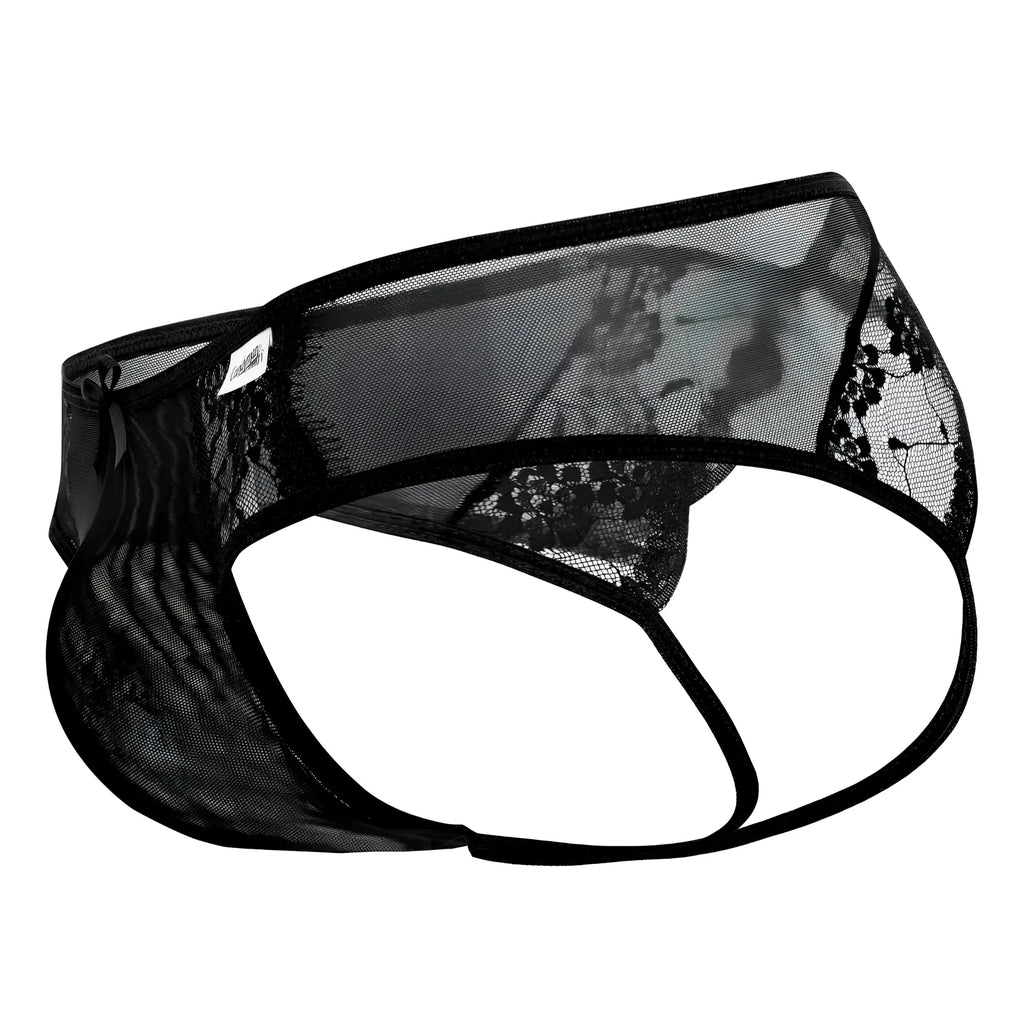 CandyMan 99538 lace jockstrap black mesh thong with delicate floral patterns and form-fitting design front view