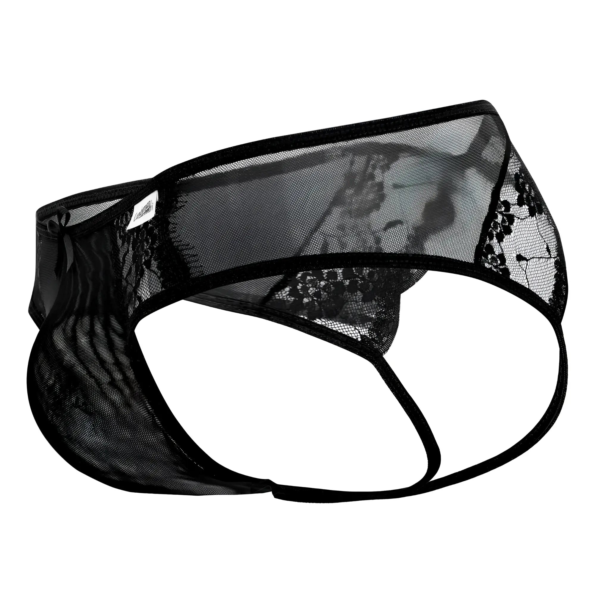 CandyMan 99538 lace jockstrap black mesh thong with delicate floral patterns and form-fitting design front view