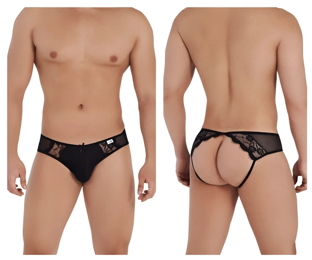 Black lace thong with sheer mesh and intricate floral detailing from candyman 99538 lace jockstrap collection