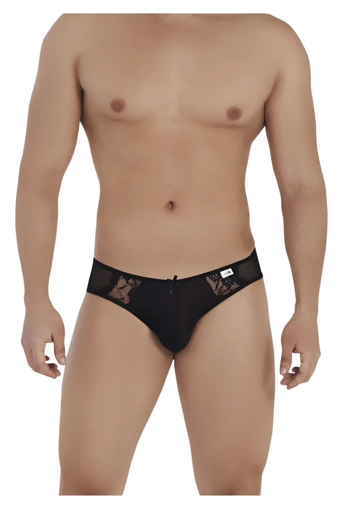 Black lace-trimmed candyMan 99538 lace jockstrap briefs with central zipper and sheer mesh panels