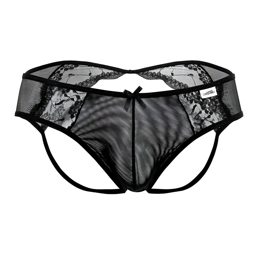 Black lace-trimmed mesh thong with central bow and brand tag from candyman 99538 lace jockstrap in black