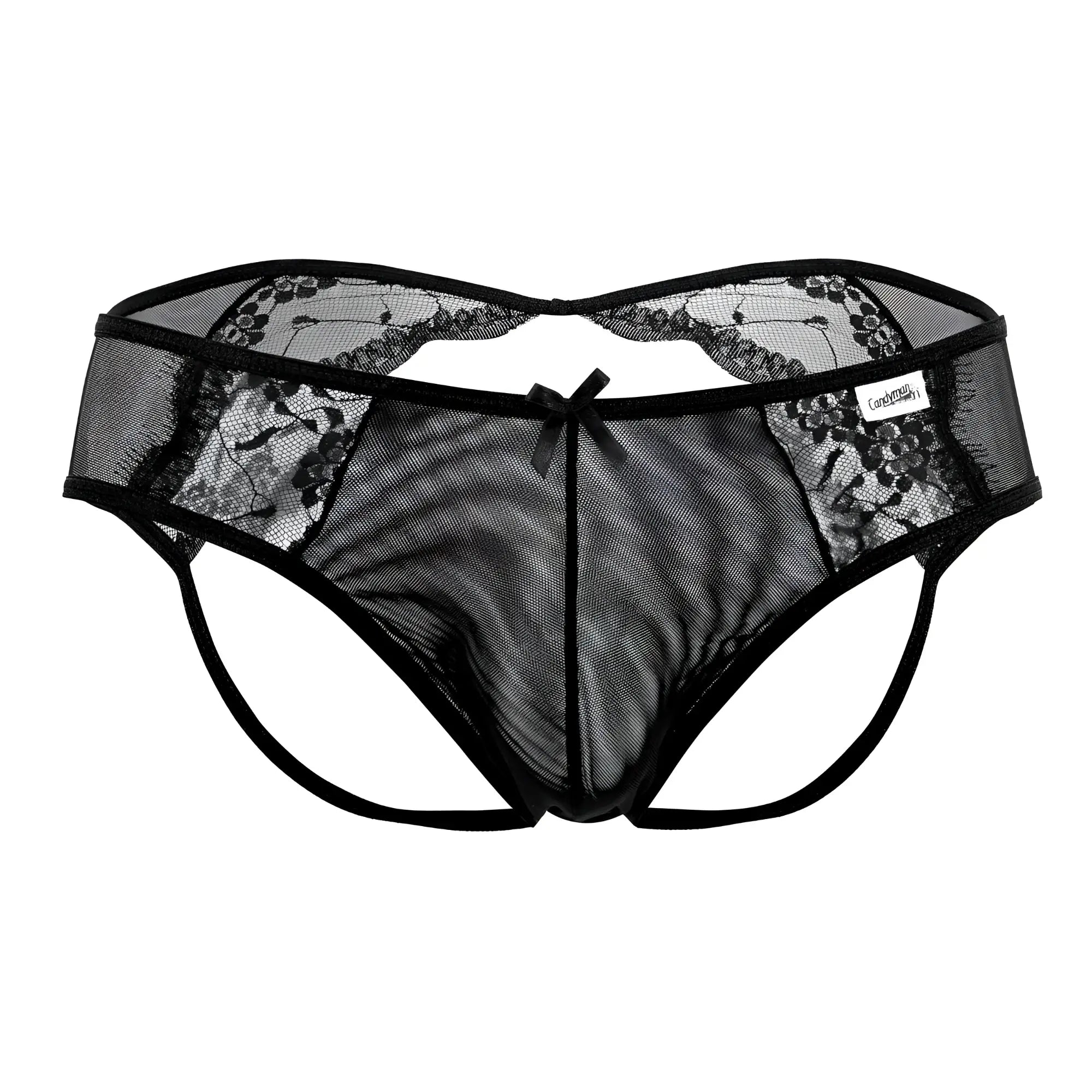 Black lace-trimmed mesh thong with central bow and brand tag from candyman 99538 lace jockstrap in black