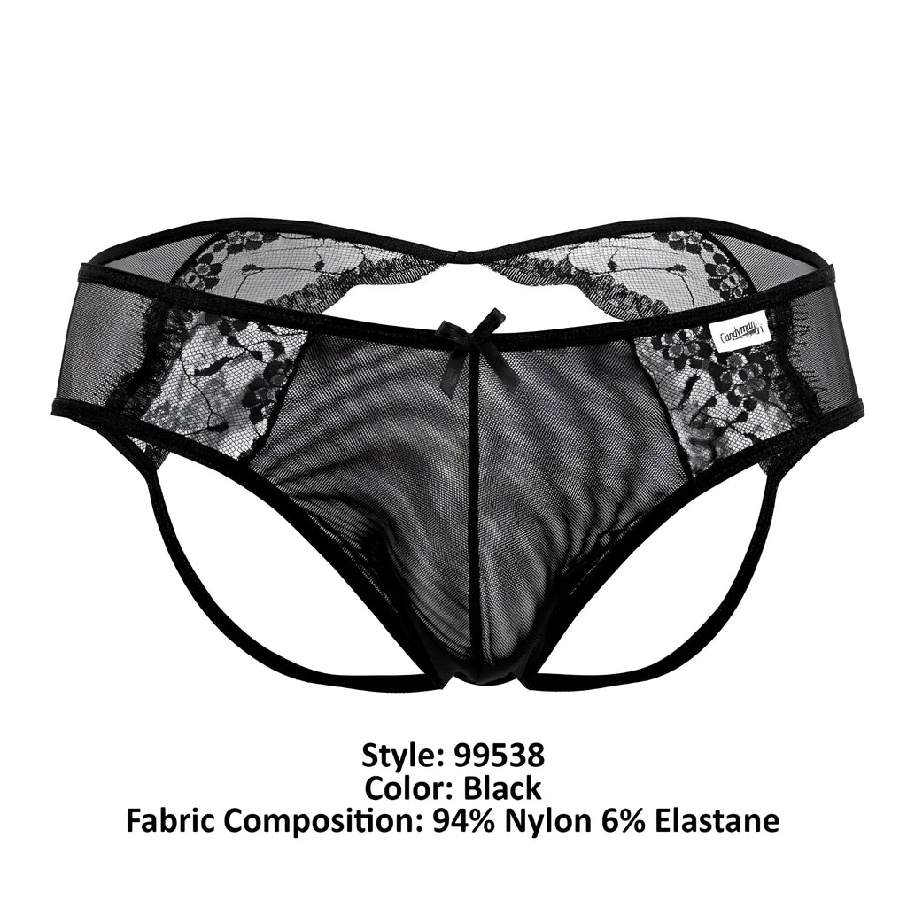 Black lace trimmed mesh thong with central bow detail from candyman 99538 lace jockstrap in black