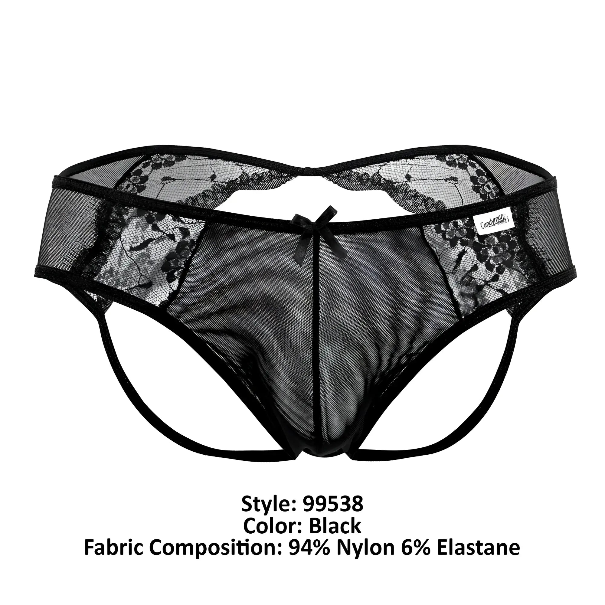 Black lace trimmed mesh thong with central bow detail from candyman 99538 lace jockstrap in black