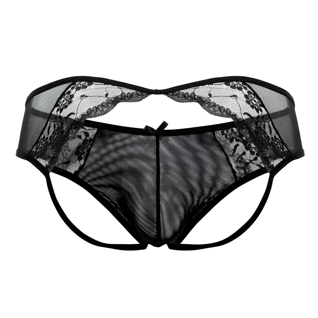 Black CandyMan 99538 lace jockstrap mesh thong with lace trim and central bow detail