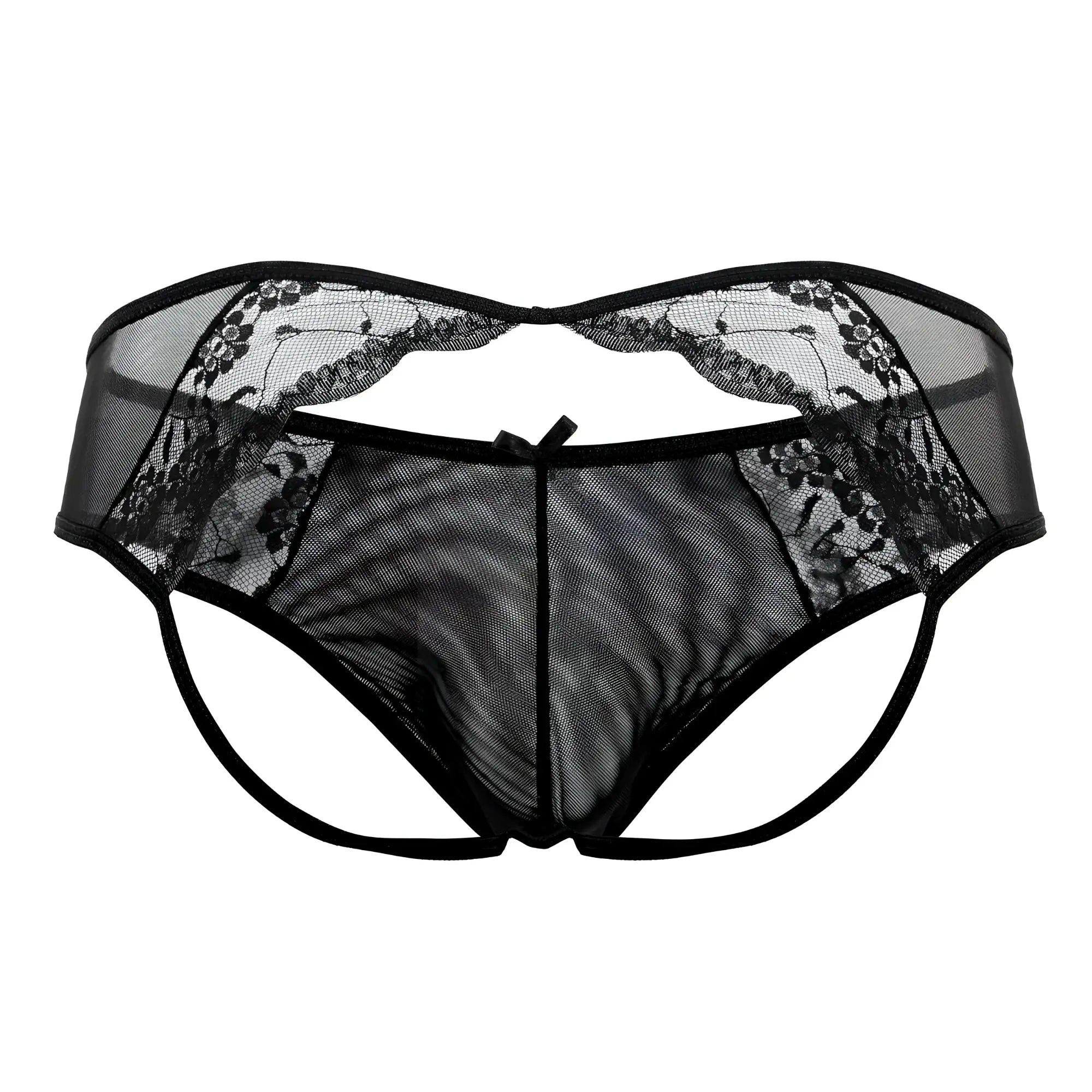 Black CandyMan 99538 lace jockstrap mesh thong with lace trim and central bow detail