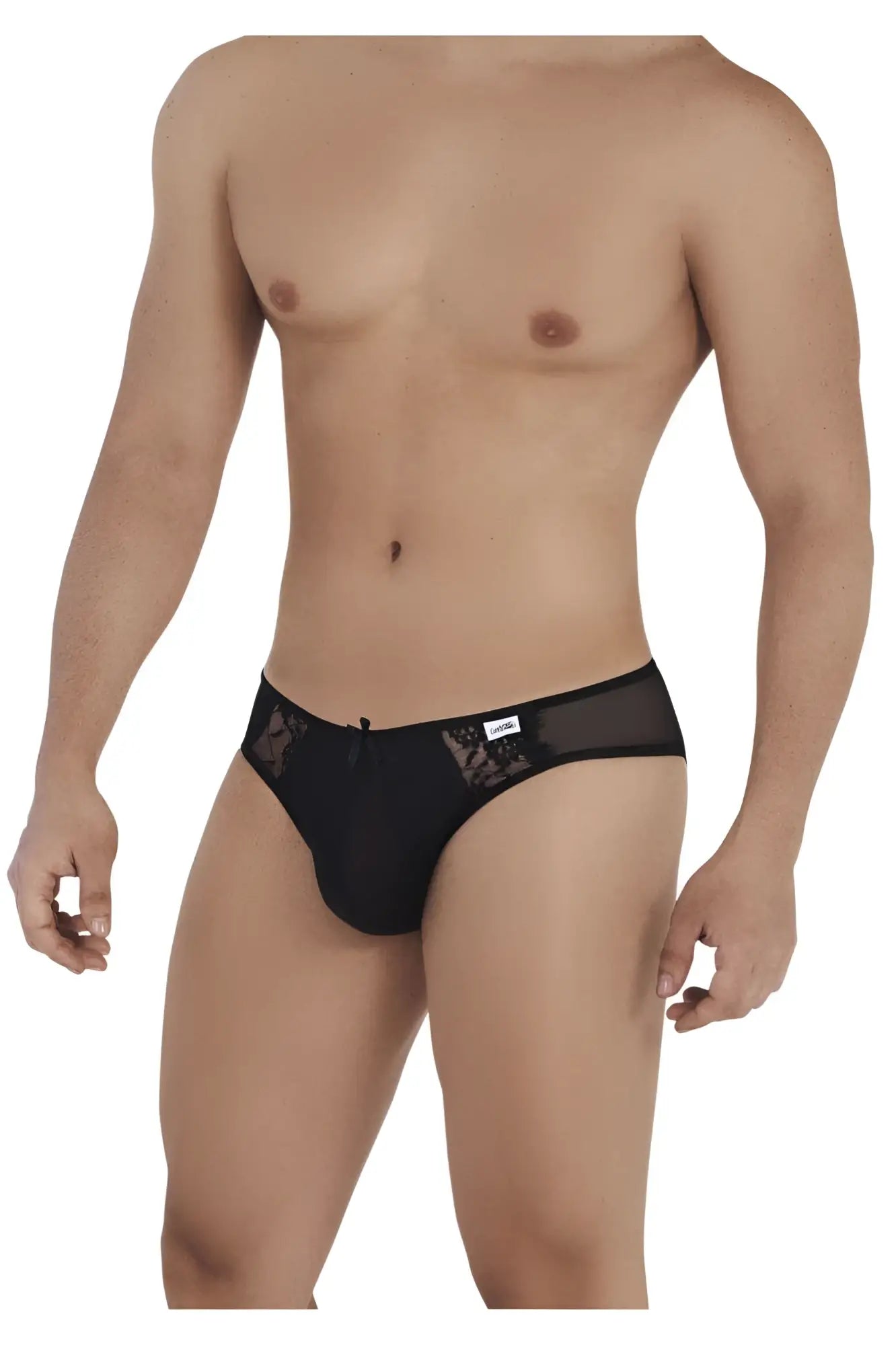 Black lace trimmed briefs with sheer mesh panel and small brand tag by candyman 99538 lace jockstrap color black