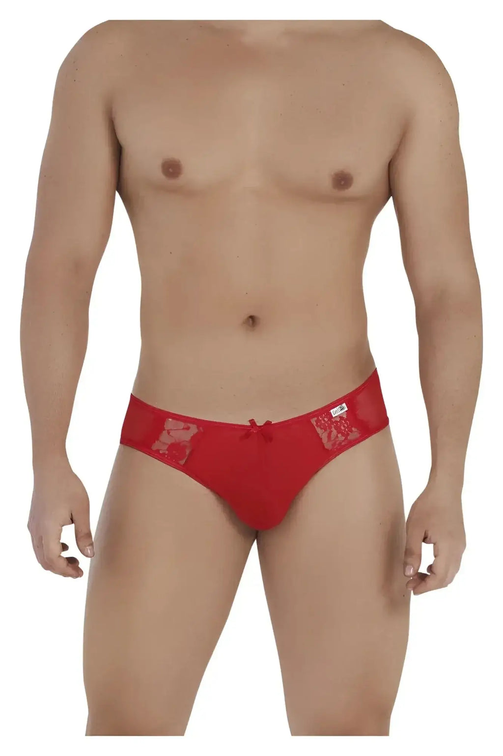Red lace-trimmed briefs with a small bow at the front from candyman 99538 lace jockstrap in red