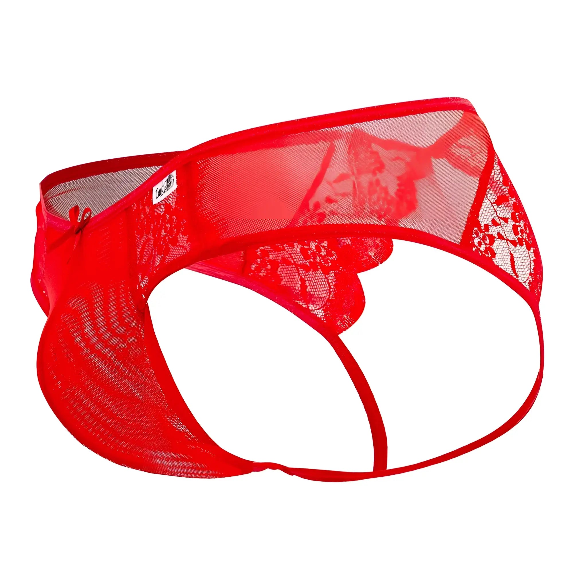 CandyMan 99538 lace jockstrap in red featuring red lace mesh briefs with a floral pattern and thin elastic waistband