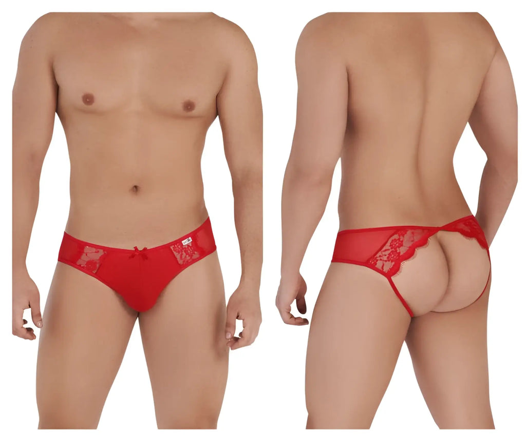 Red lace thong with a small bow and intricate floral patterns from candyman 99538 lace jockstrap collection