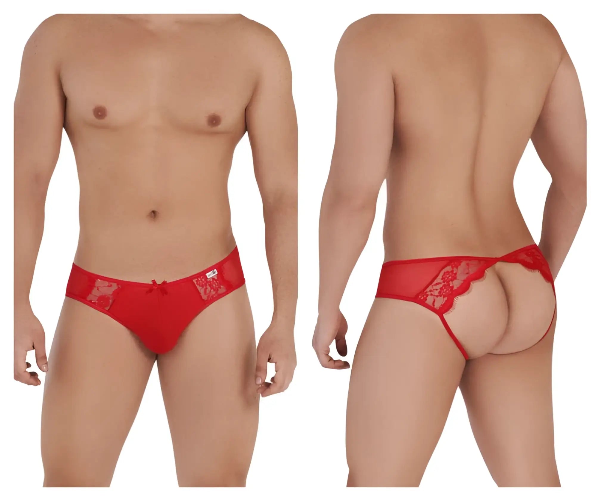 Red lace thong with a small bow and intricate floral patterns from candyman 99538 lace jockstrap collection