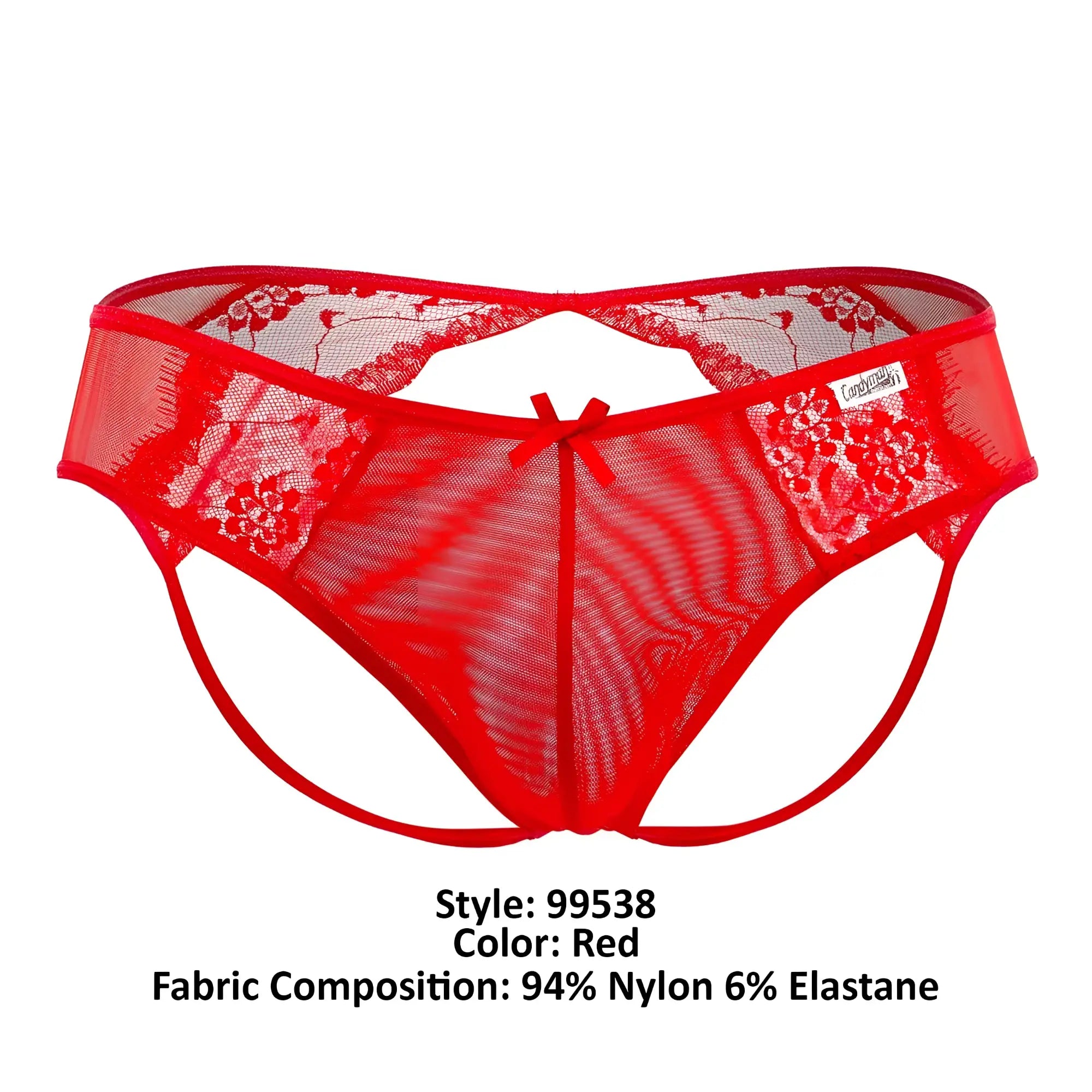 Candyman 99538 lace jockstrap in red featuring a floral patterned lace thong with a small center bow