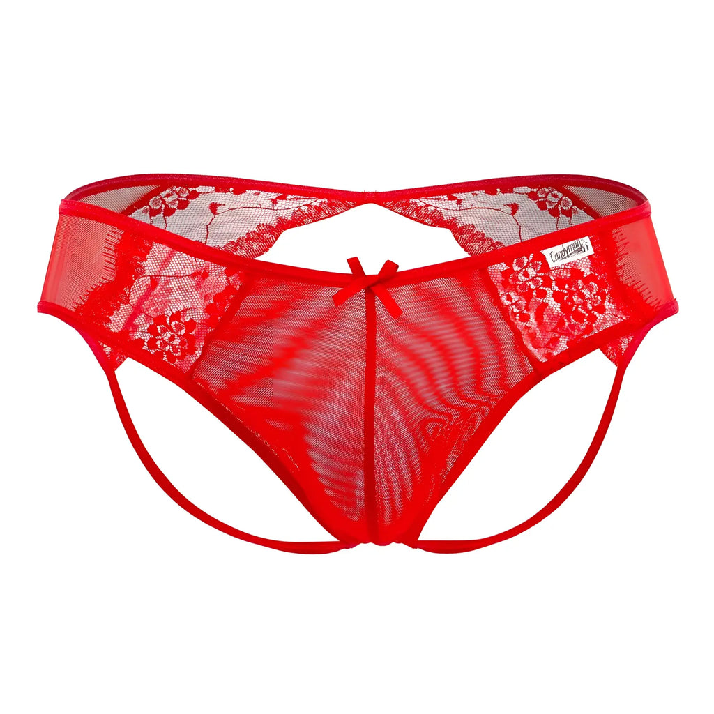 Candyman 99538 lace jockstrap red lace thong with floral patterns and small bow at the center front