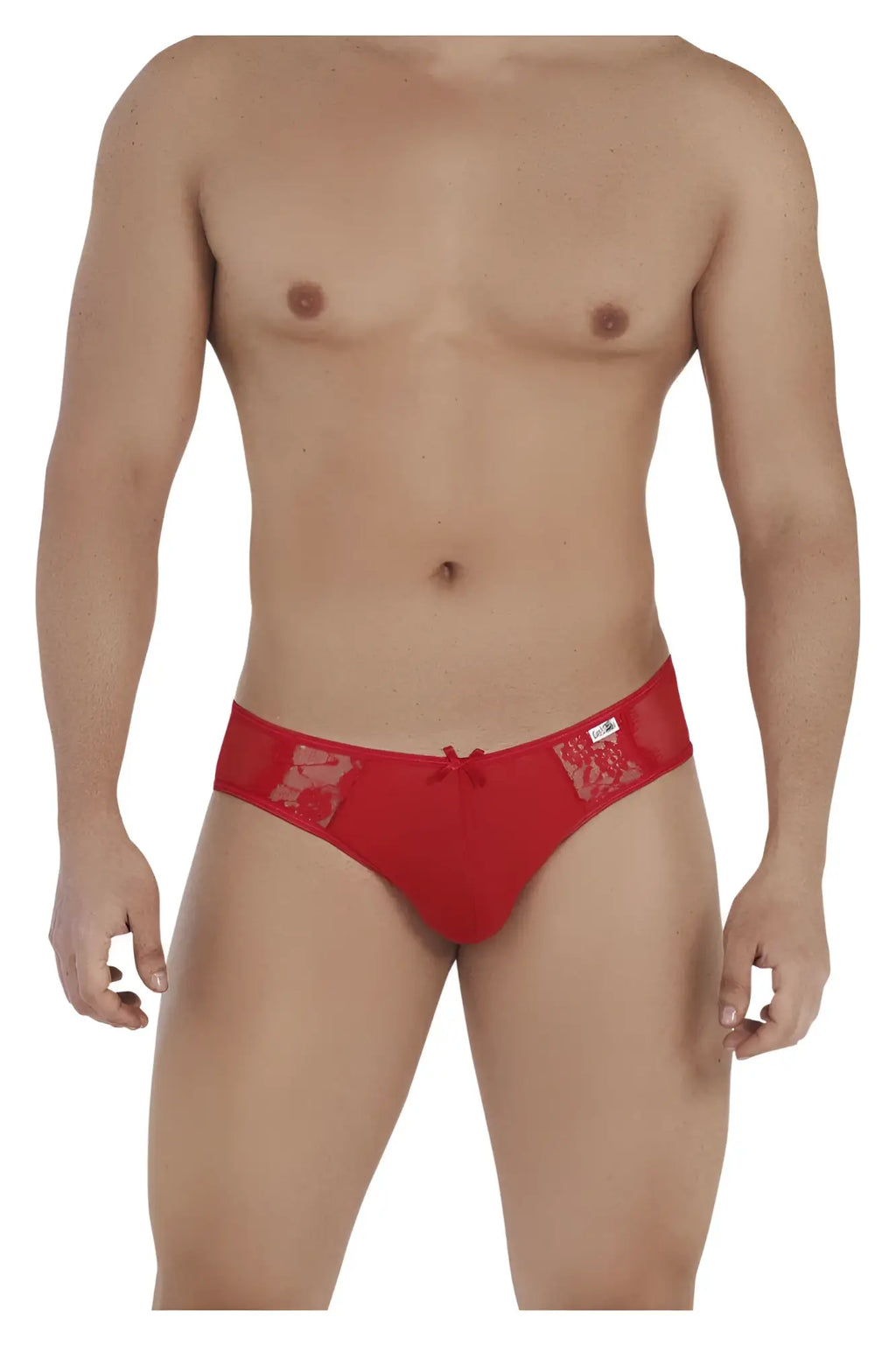Red lace-trimmed briefs with a small bow at the front from candyman 99538 lace jockstrap in red