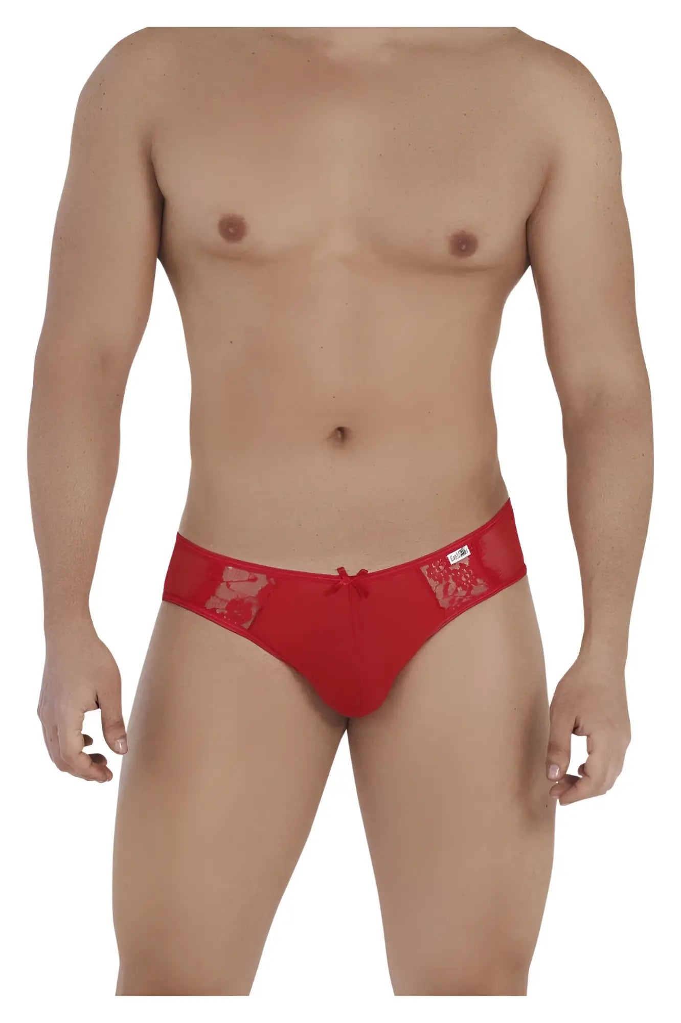 Red lace-trimmed briefs with a small bow at the front from candyman 99538 lace jockstrap in red