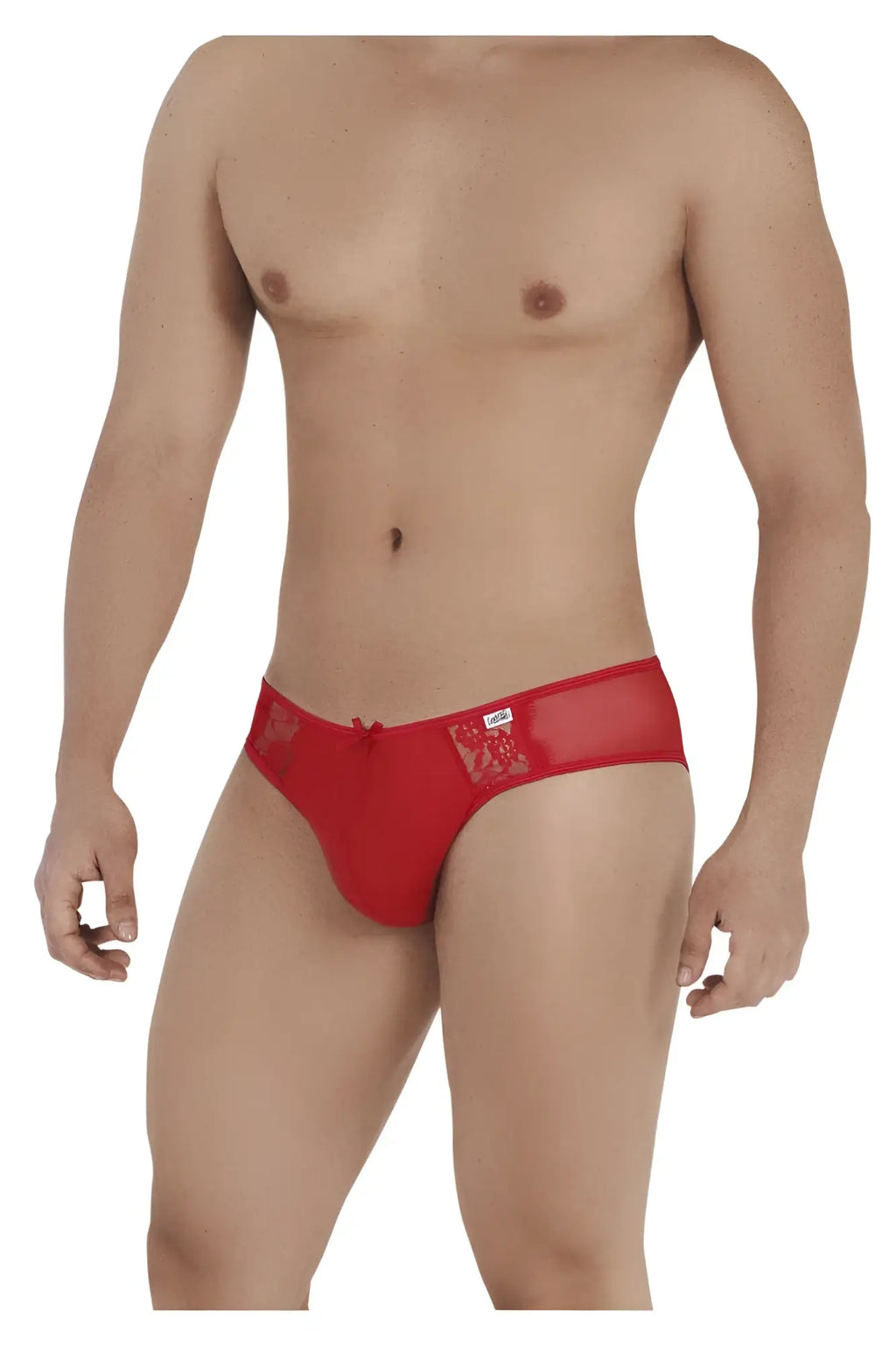 CandyMan 99538 red lace-trimmed men’s briefs with sheer mesh panel and decorative embroidery front view