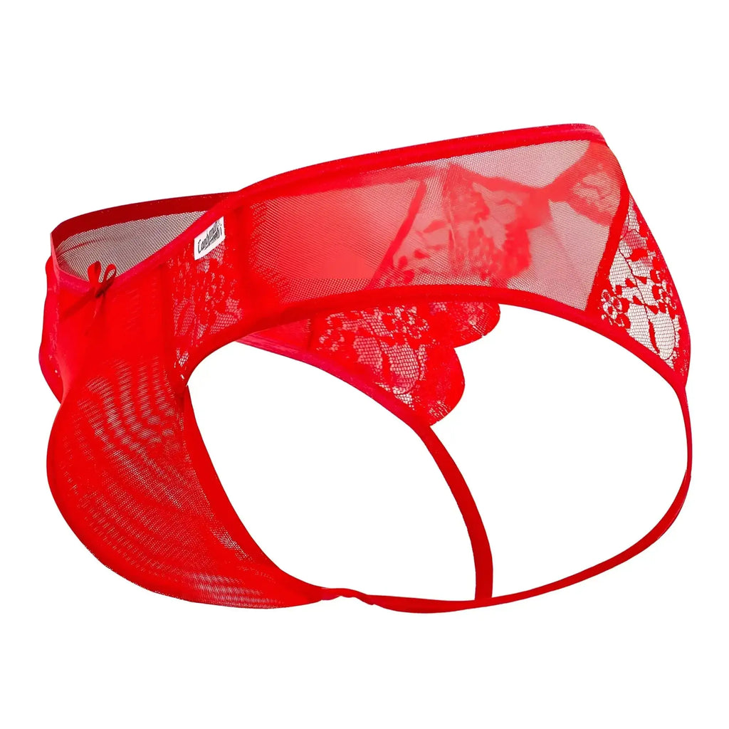 CandyMan 99538 lace jockstrap in red featuring red lace mesh briefs with a floral pattern and thin elastic waistband