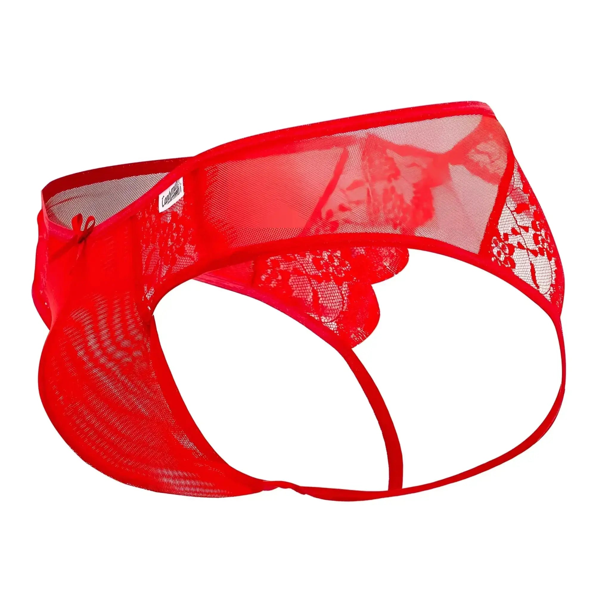 CandyMan 99538 lace jockstrap in red featuring red lace mesh briefs with a floral pattern and thin elastic waistband
