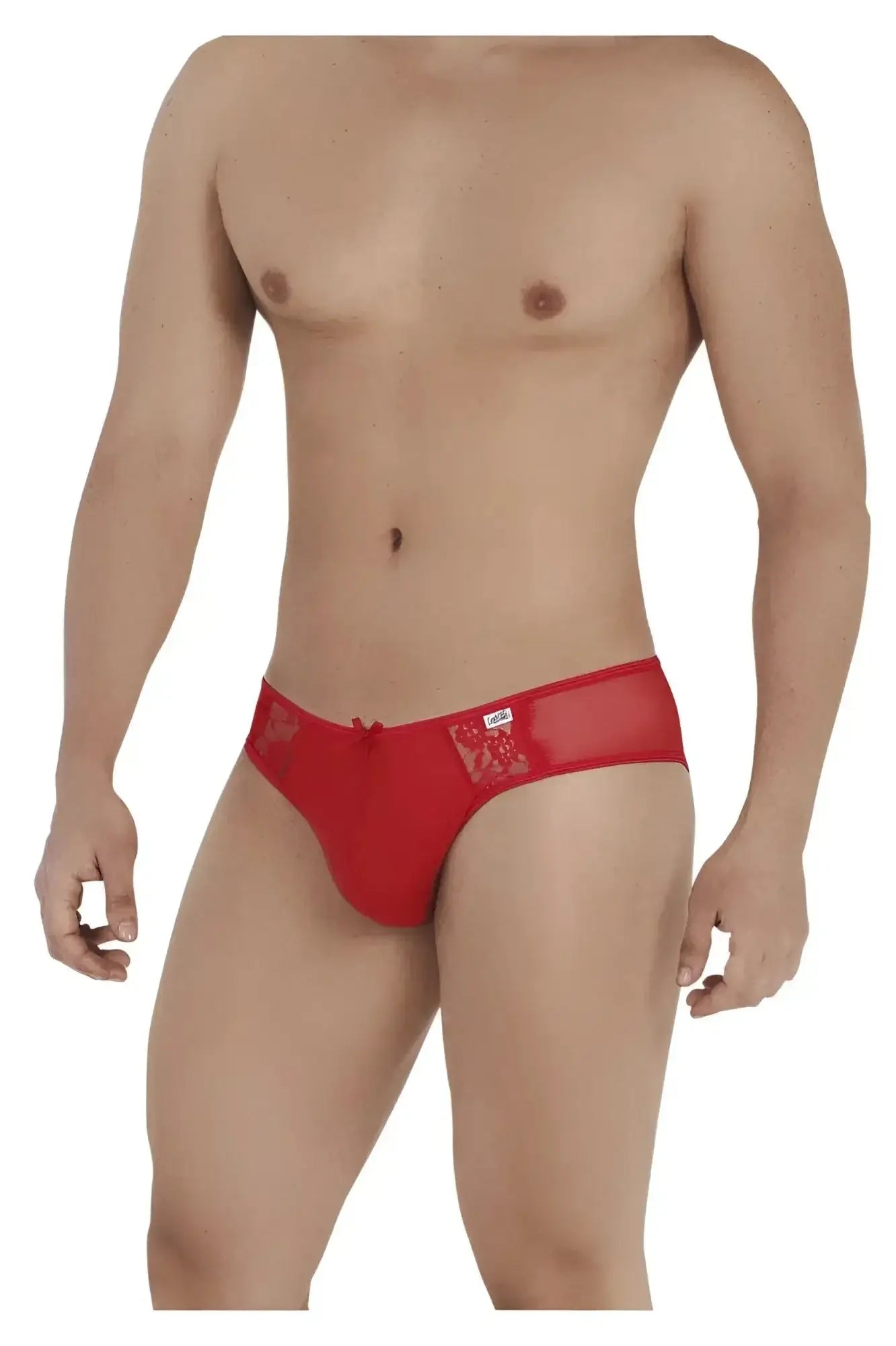 CandyMan 99538 red lace-trimmed men’s briefs with sheer mesh panel and decorative embroidery front view