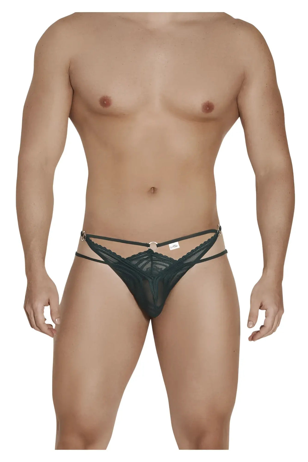 Black lace thong candyMan 99547 in hunter green with central circular clasp and decorative double straps