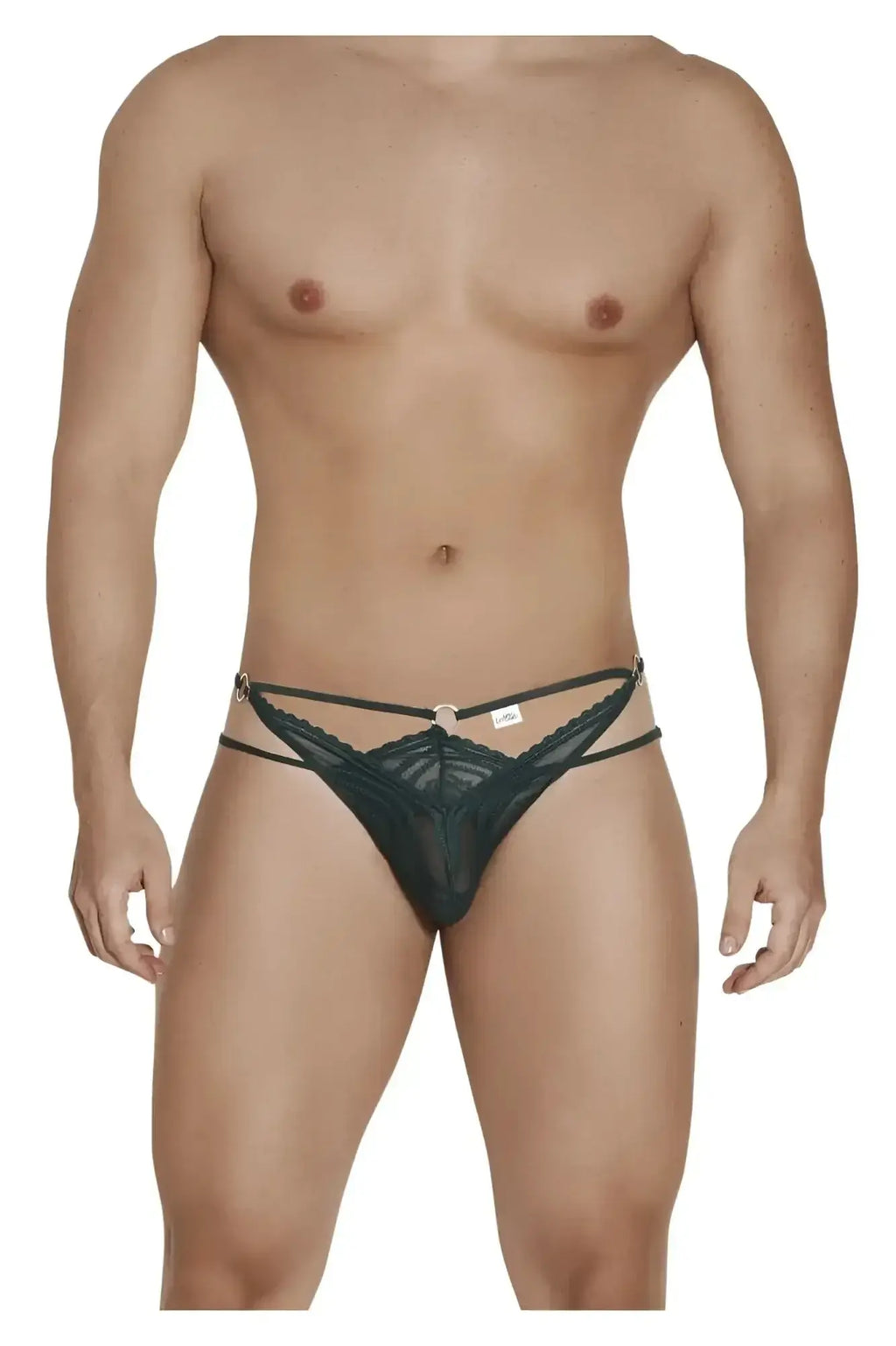 Black lace thong candyMan 99547 in hunter green with central circular clasp and decorative double straps