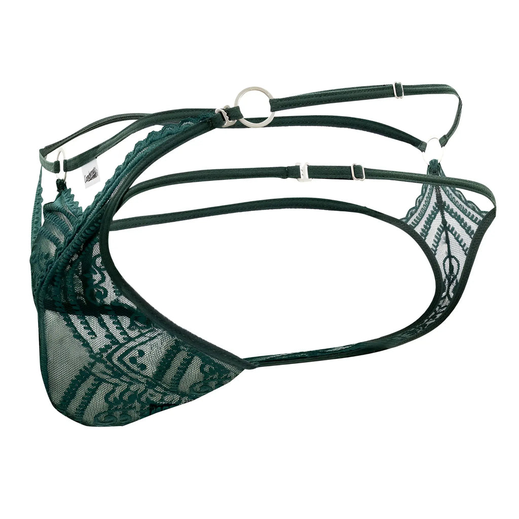 Dark green lace lingerie double thongs with intricate patterns and adjustable straps from candyman 99547 hunter green