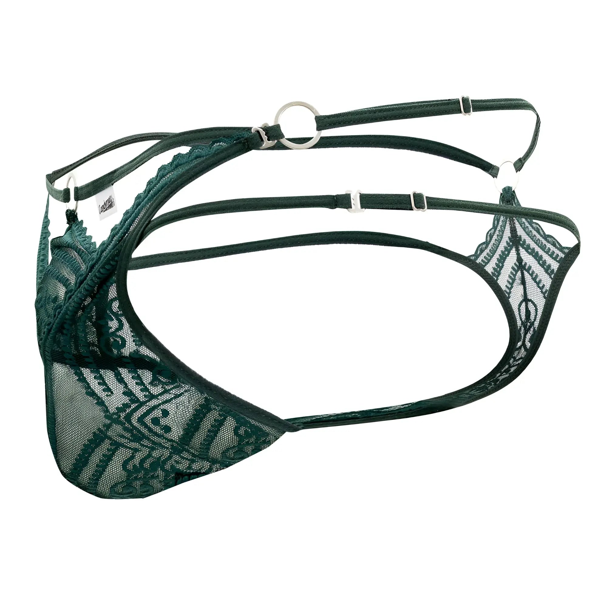 Dark green lace lingerie double thongs with intricate patterns and adjustable straps from candyman 99547 hunter green
