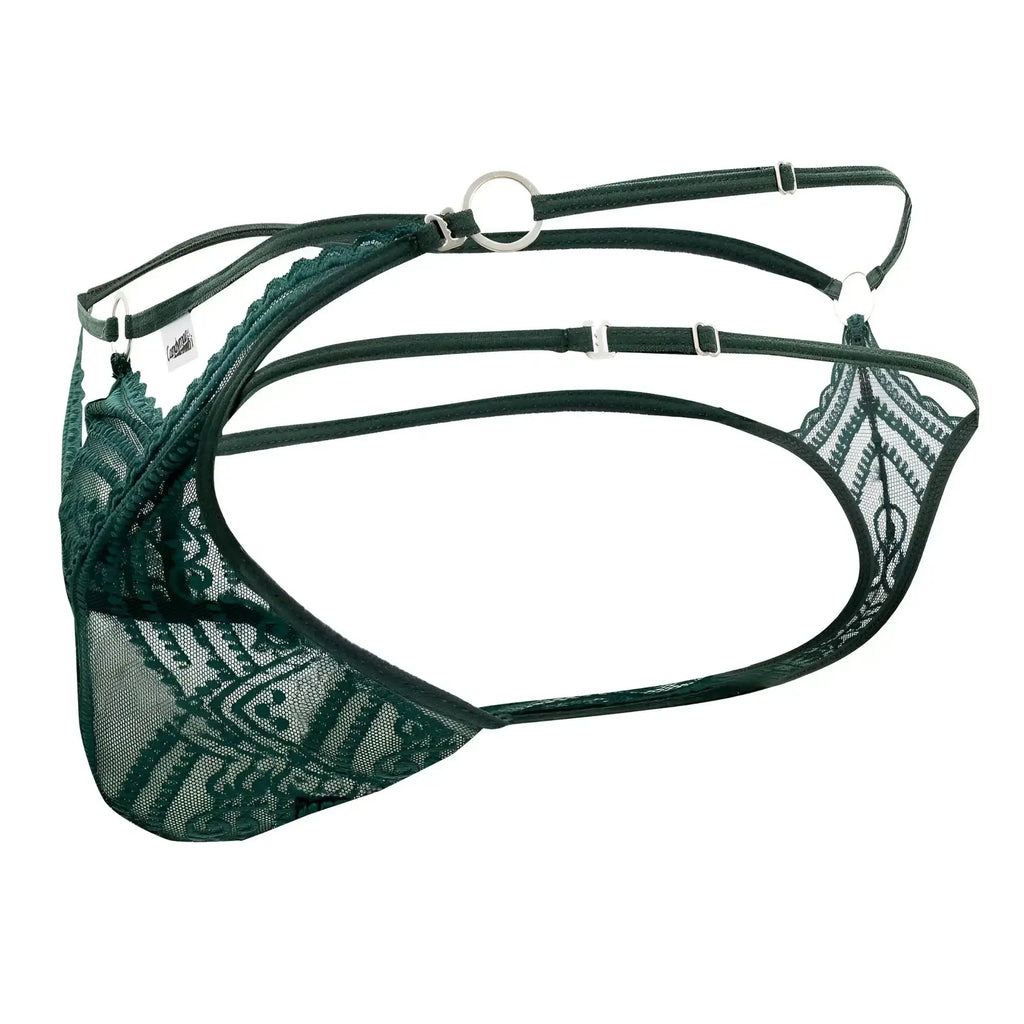 Dark green lace lingerie double thongs with intricate patterns and adjustable straps from candyman 99547 hunter green