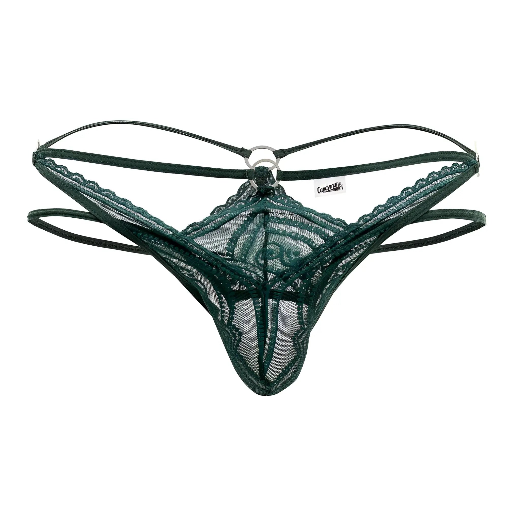 Dark green lace thong candyMan 99547 double thongs with central ring and adjustable straps in hunter green