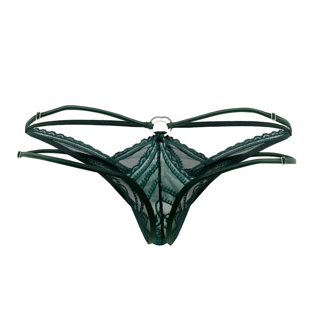 Dark green lace thong with central metal ring and adjustable straps from Candyman 99547 double thongs collection