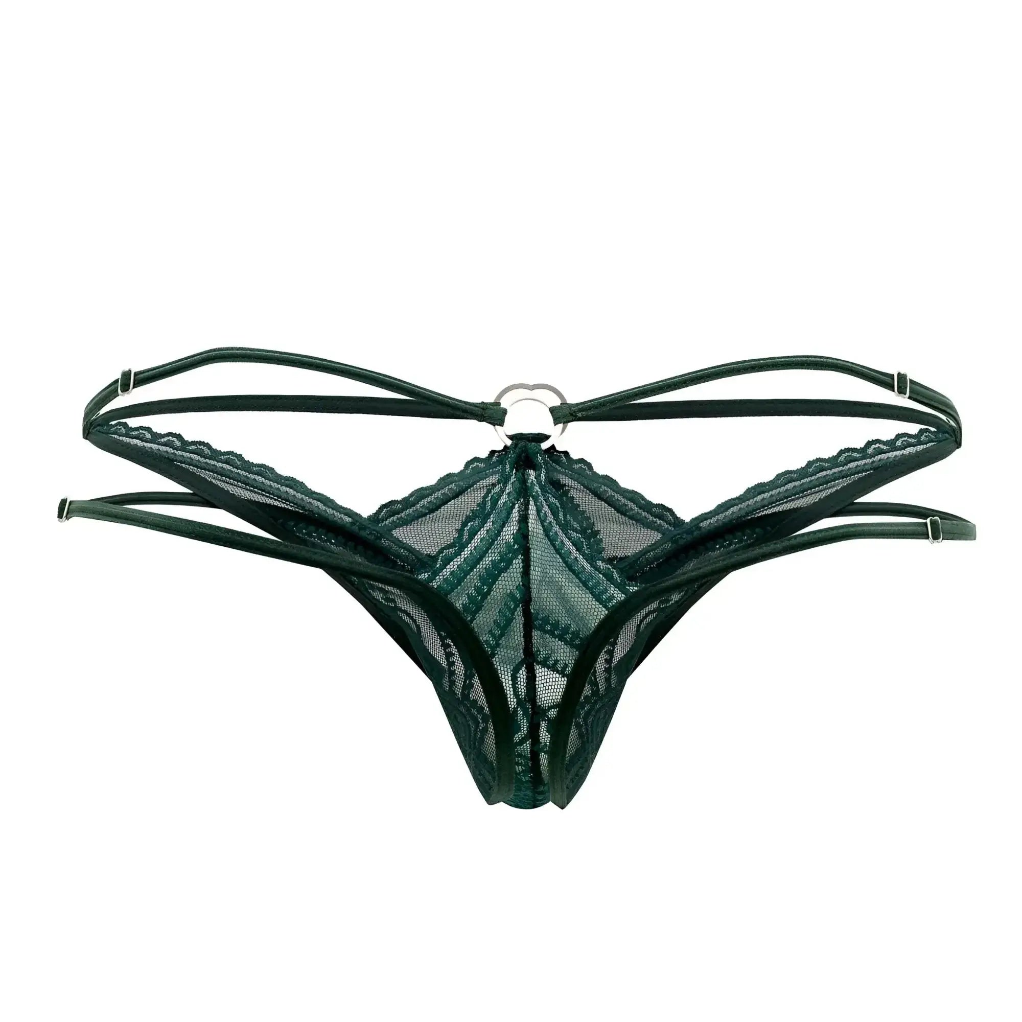 Dark green lace thong with central metal ring and adjustable straps from Candyman 99547 double thongs collection