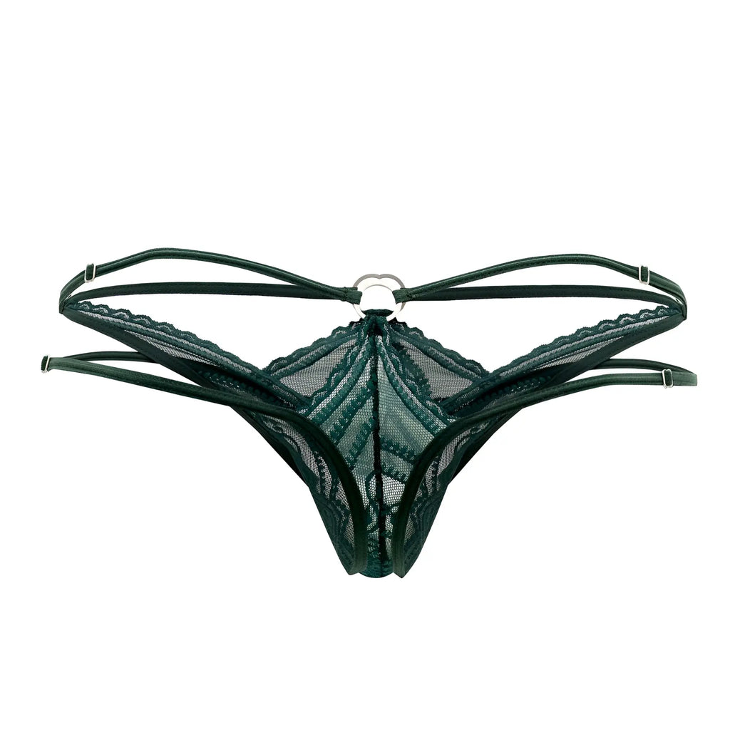 Dark green lace thong with central metal ring and adjustable straps from Candyman 99547 double thongs collection