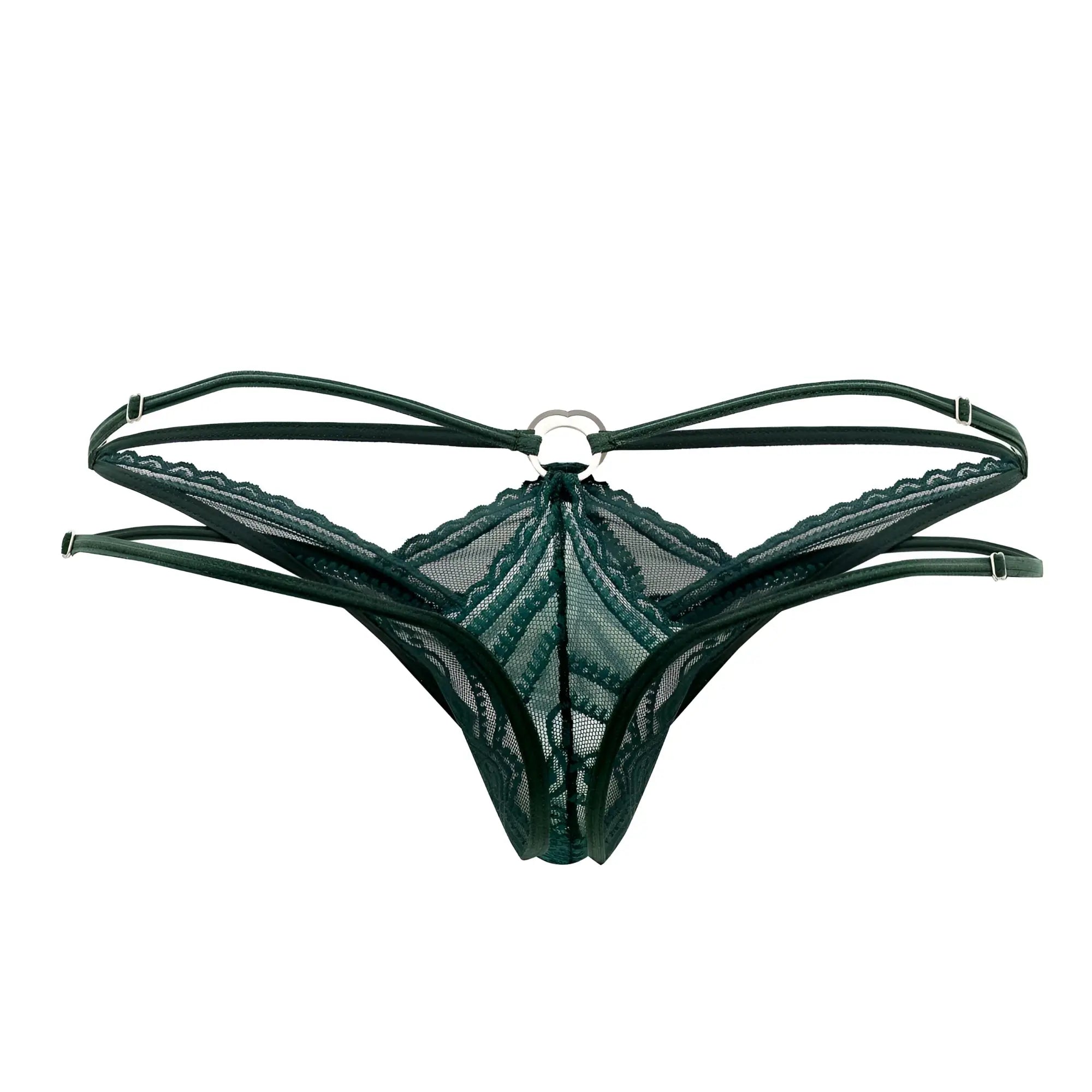 Dark green lace thong with central metal ring and adjustable straps from Candyman 99547 double thongs collection