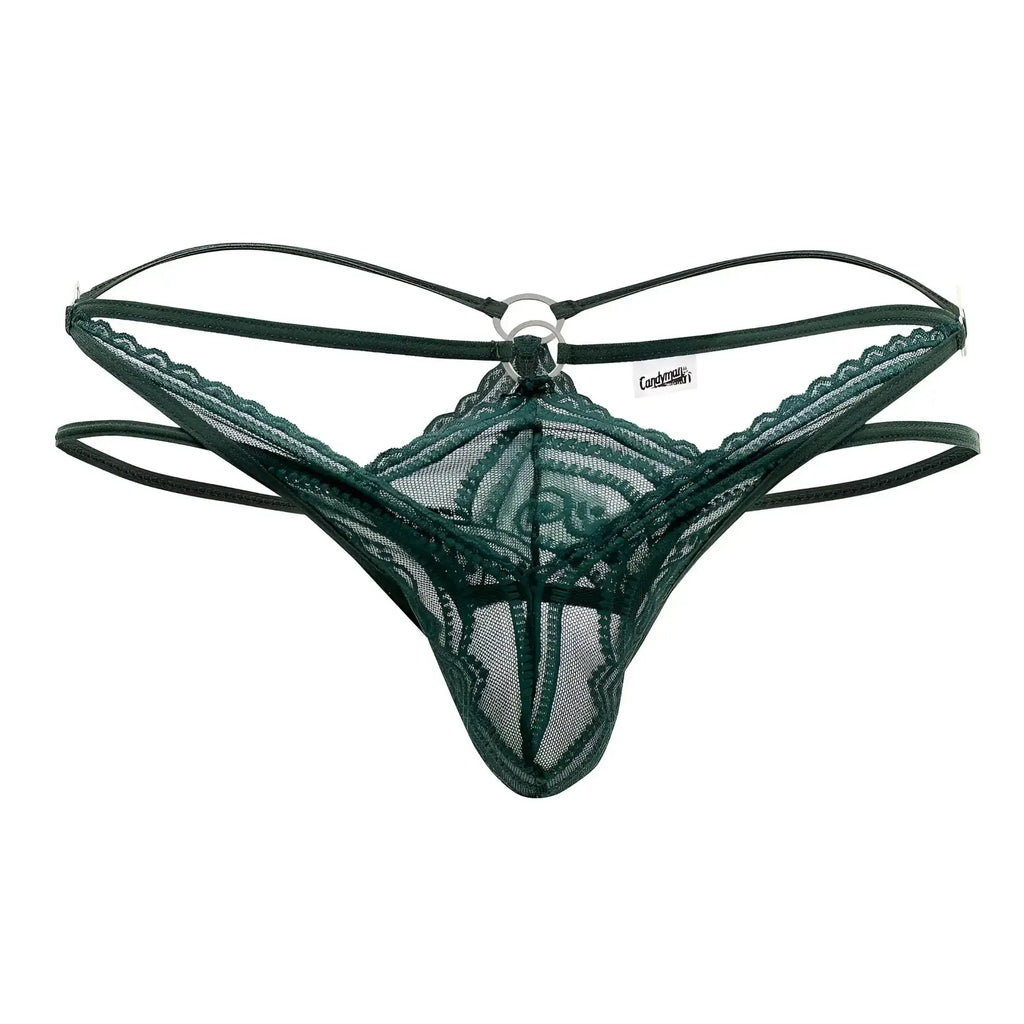 Dark green lace thong candyMan 99547 double thongs with central ring and adjustable straps in hunter green