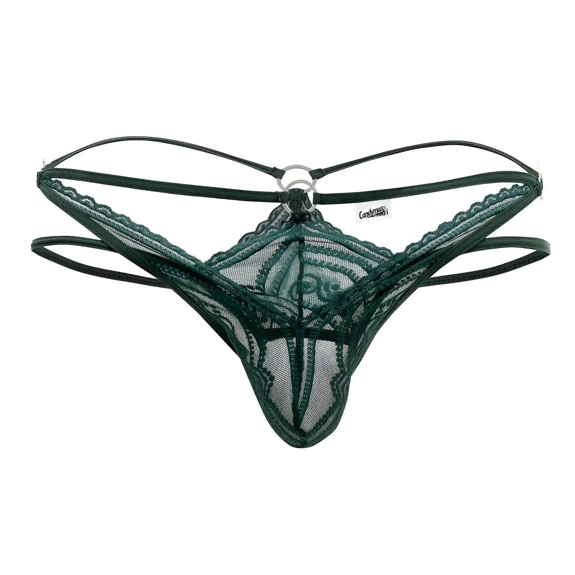 Dark green lace thong candyMan 99547 double thongs with central ring and adjustable straps in hunter green