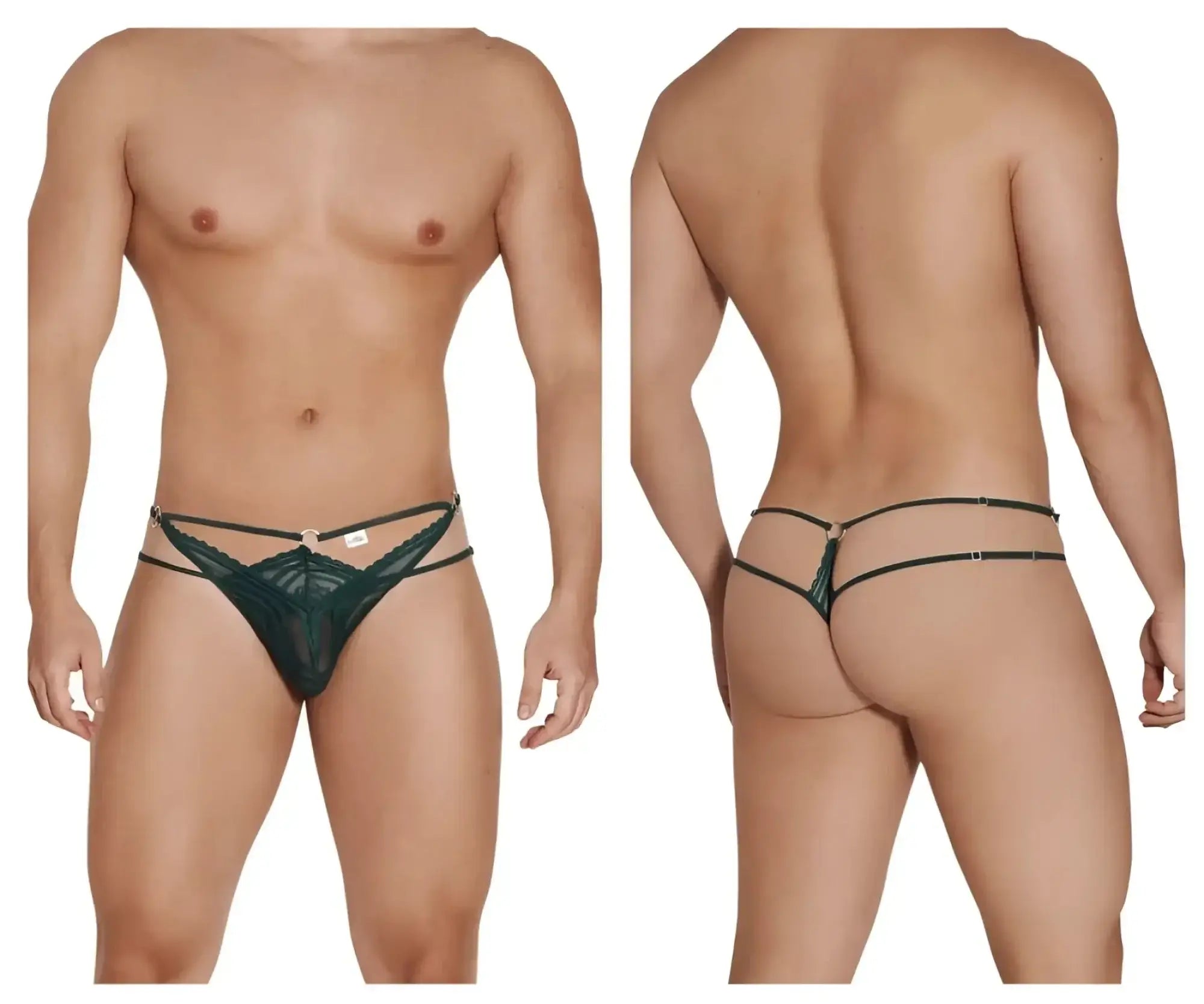 Dark green lace thong with multiple straps and central metallic clasp from candyman 99547 double thongs collection