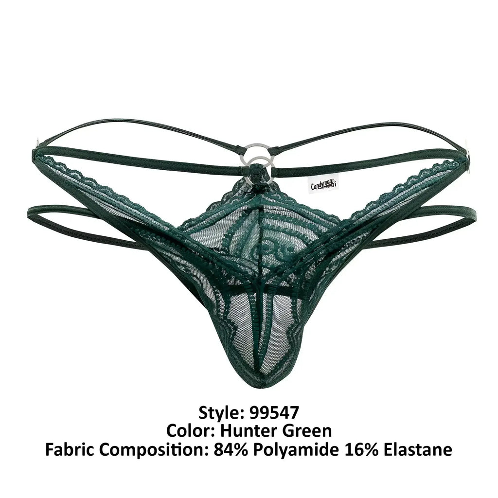 Candyman 99547 hunter green lace thong with mesh design and thin elastic straps shown from the back side