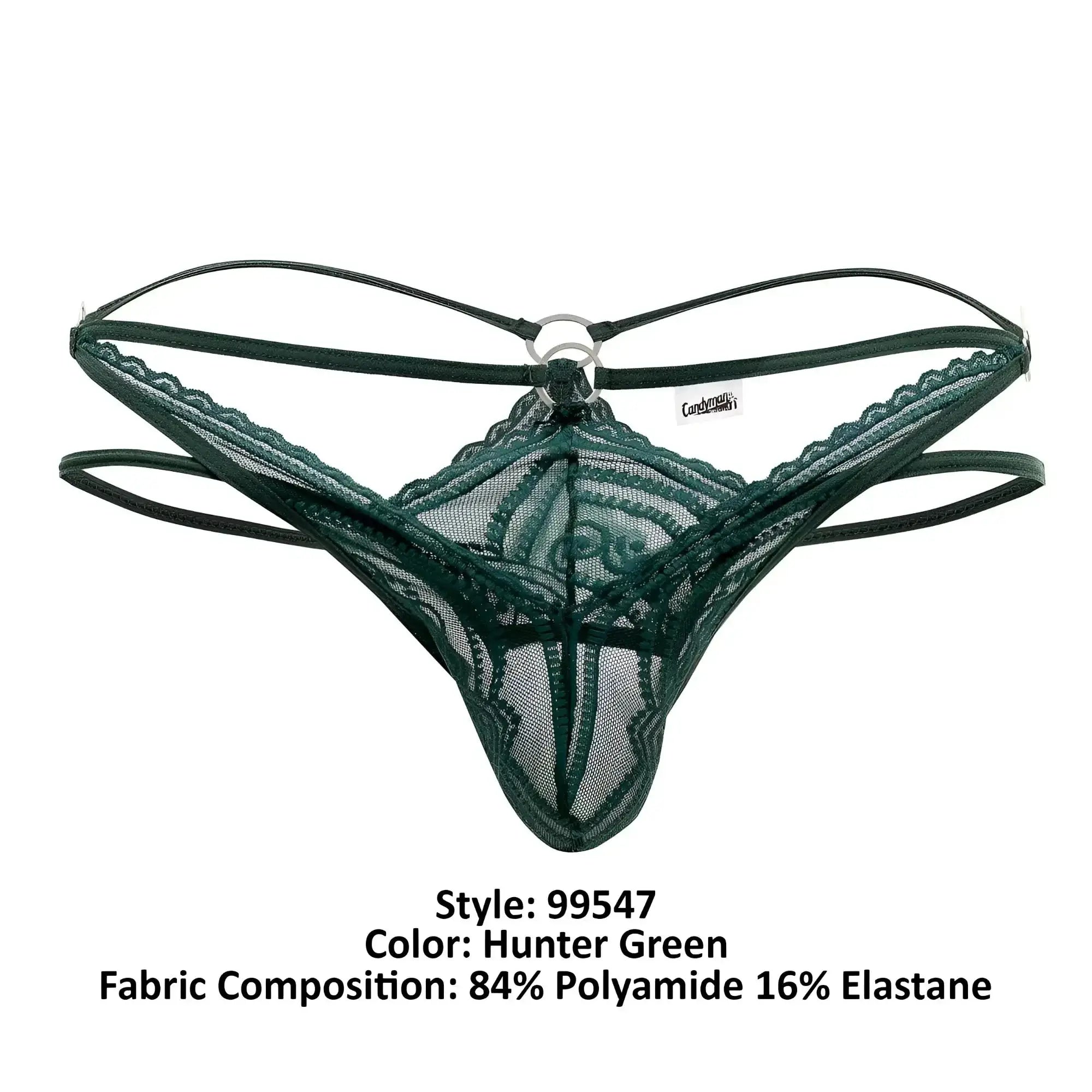 Candyman 99547 hunter green lace thong with mesh design and thin elastic straps shown from the back side