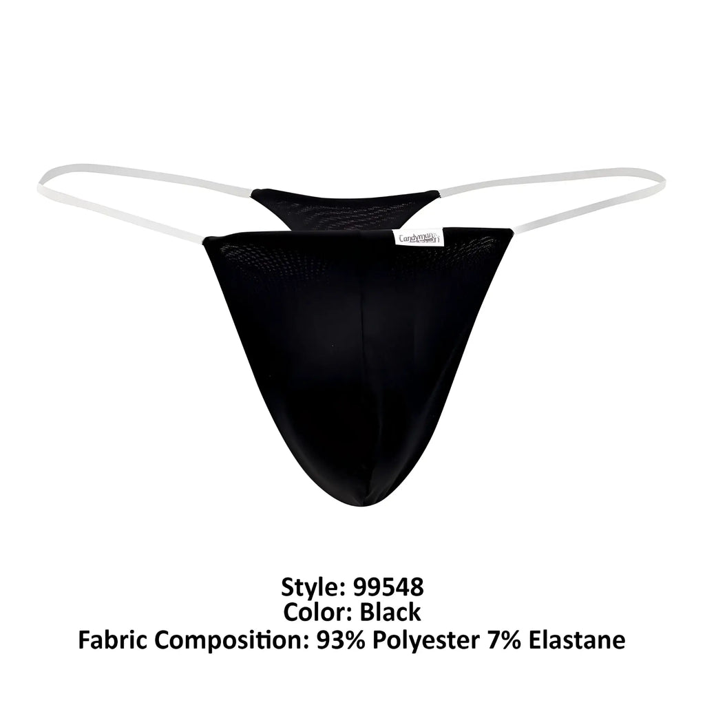 CandyMan 99548 invisible micro thong in black mesh with white elastic straps shown from the back side