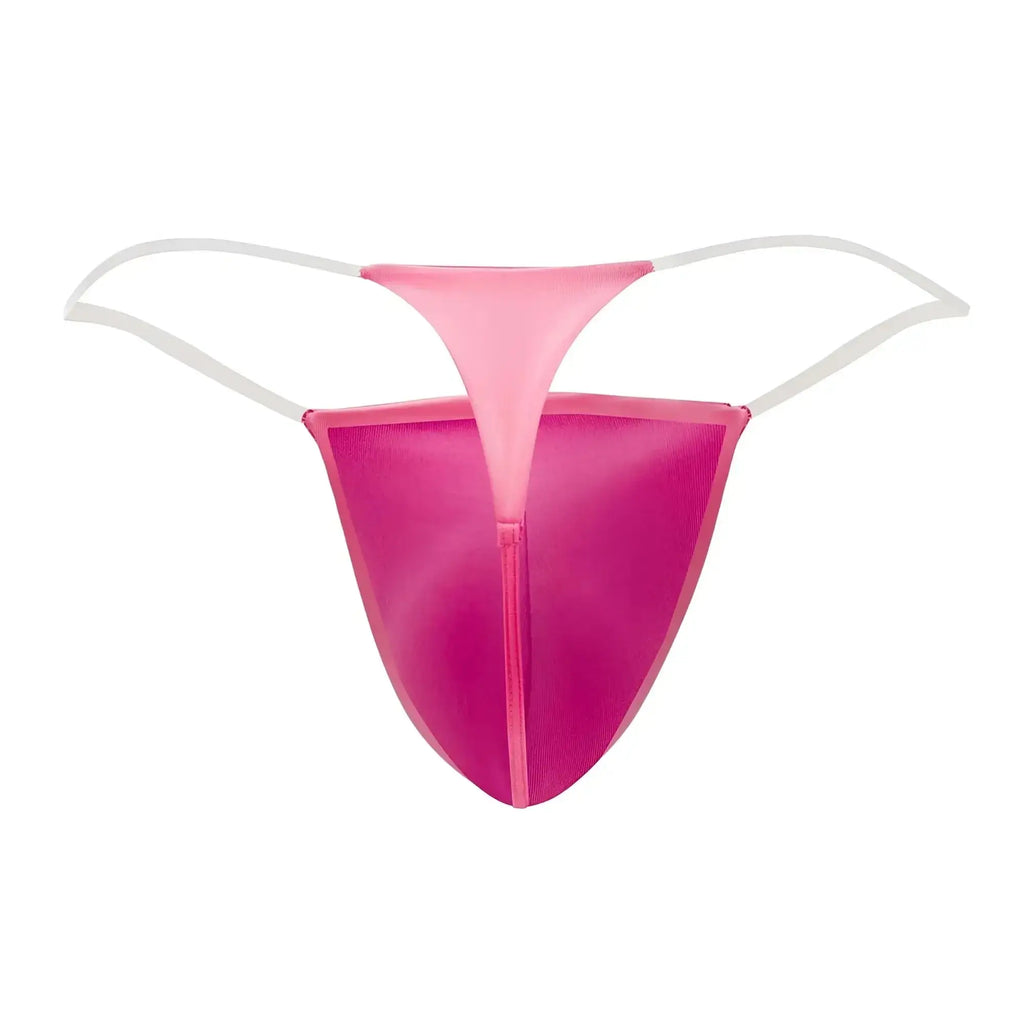 Pink thong with white elastic straps and central zipper from candyman 99548 invisible micro thongs in hot pink