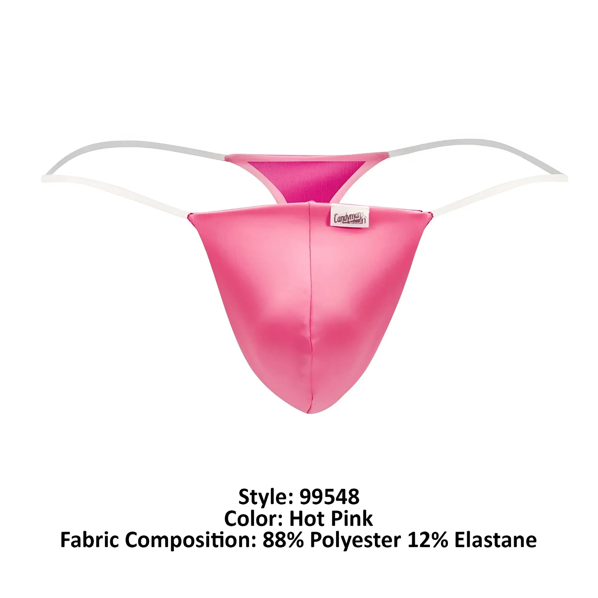 CandyMan 99548 hot pink shiny polyester elastane thong with white elastic straps front view